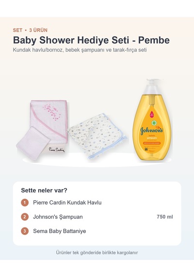 Baby Shower Hediye Seti 3 Parça: Kundak Havlu + Johnson's Şampuan + Sema Baby Battaniye - Pembe