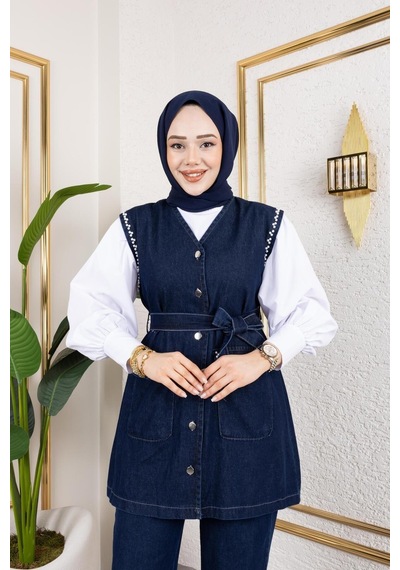 Harman Butik Kadın Boncuk İşlemeli Kuşaklı Yelek-pantolon 2li Takım Lacivert Lacivert