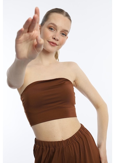 Quhox Kadın Allegro Kumaş Askısız Crop Top Kahverengi