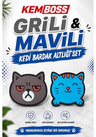 Kemboss Gri Kedi Ve Mavi Kedi Bardak Altlığı Seti 4'lü - Pvc Kaydırmaz Bardak Altlığı 2 Gri Kedi + 2 Mavi Kedi Çok Renkli