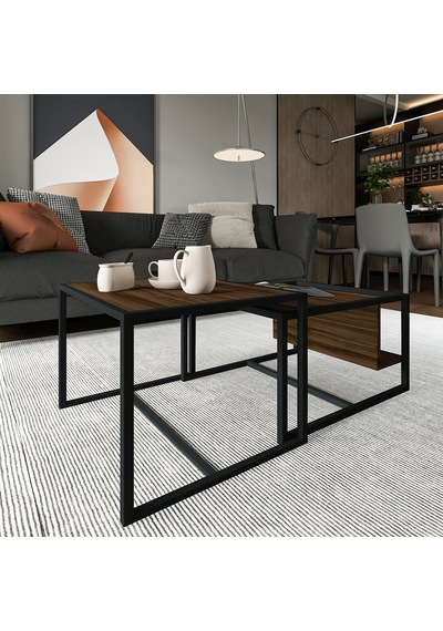 Batı 2 Li Modern Orta Sehpa Takımı Metal Ayaklı, Alt Raflı Ceviz
