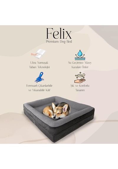 Felix Köpek Yatağı Antrasit Orta 75x95 Cm, Visco Sünger,%100 Su Geçirmez Alez, Çıkarılabilir Yıkanabilir Kılıf, Kaydırmaz Taban, Teddy Dokulu Kedi & Köpek Minderi