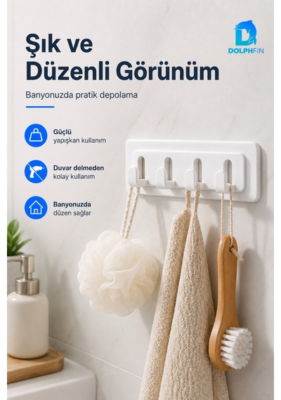 4 Kancalı Yapışkanlı Duvar Askılığı Delmeden Montaj Beyaz
