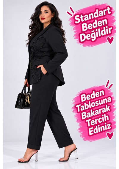 Darkwın Büyük Beden Kadın Siyah 48-50 Beden Taş İşlemeli Şal Yaka Düğmeli Ceket Ve Pantolon İkili Takım Darkwın Büyük Beden Kadın Siyah 48-50 Beden Taş İşlemeli Şal Yaka Düğmeli Ceket Ve Pantolon İkili Takım