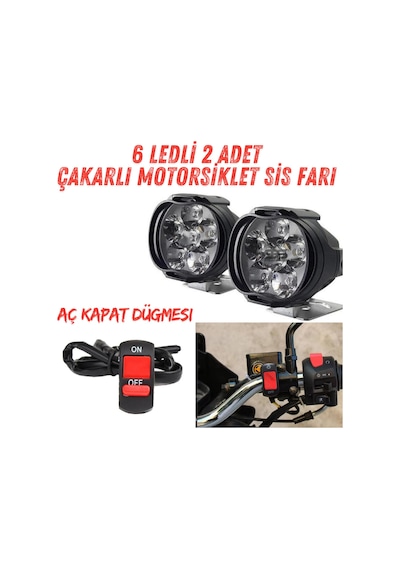 2 Adet 6 Ledli Motosiklet Scooter Uyumlu Led Sis Farı Çakar Ve Sabit Mod Açma Kapatma Tuşlu Lamba