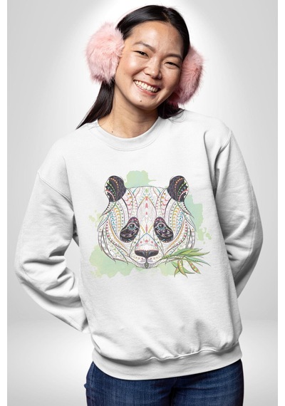 Panda Mandala Unisex Beyaz Baskılı Sweatshirt Beyaz