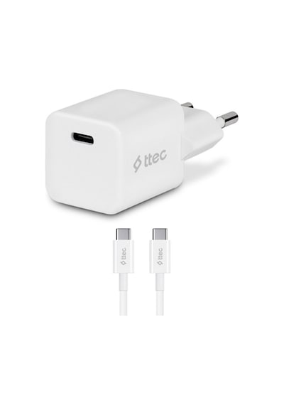Ttec Smartcharger 20W PD Seyahat Hızlı Şarj Aleti + USB-C - USB-C - Type-C 3A Kablo Beyaz