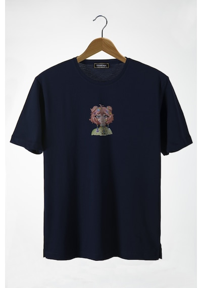 Kadın Lacivert Bisiklet Yaka Önü Anime Kızı Baskılı Oversize T-shirt Lacivert