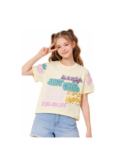 İrem Çocuk Giyim Kız Çocuk Just Chill Yazı Desenli Kısa Model Crop Sarı Renk Tişört Sarı