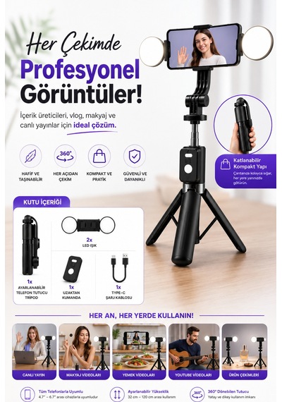 Mpıa Kumandalı Çift Led Işıklı Telefon Tutucu Tripod 360 Döner Ayarlanabilir Uzunluk Selfie Video Standı Siyah
