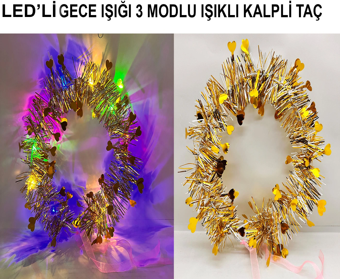 Kalp Püsküllü Gece Parıltısı 3 Modlu Led&amp 39 Li Işıklı Taç Altın Renk - Zmff-582124 18