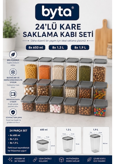24'lü Kare Erzak Saklama Kabı Seti 8x650 Ml + 8x1,3 L + 8x1,9 L Bpa Free Kapaklı Gıda Saklama Kabı Buzdolabı Ve Kiler Düzenleyici Şeffaf
