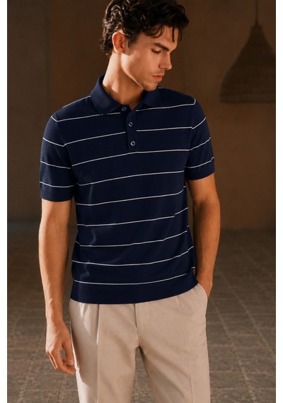 Tarz Cool Erkek Old Money Çizgili Polo Yaka Triko Tişört Slim Fit Lacivert