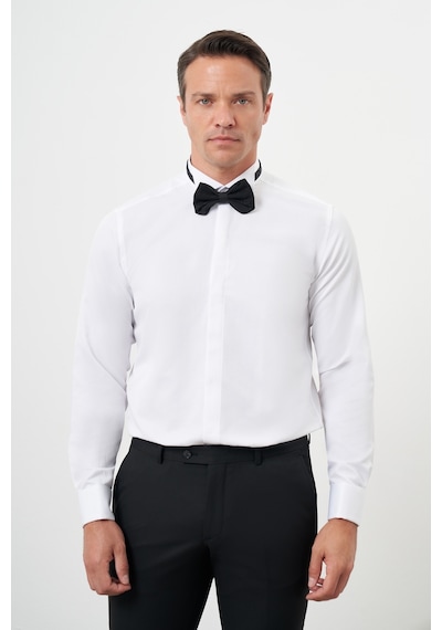Morven Erkek Beyaz Manşetlii Jakar Desen Ata Yaka Slim Fit Gömlek Beyaz