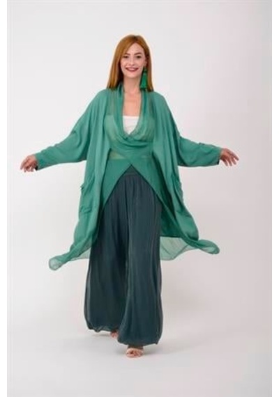 Bohem Stil Italyan Ipek Detaylı Oversize Kaftan & Bluz-8711 Mint Yeşili