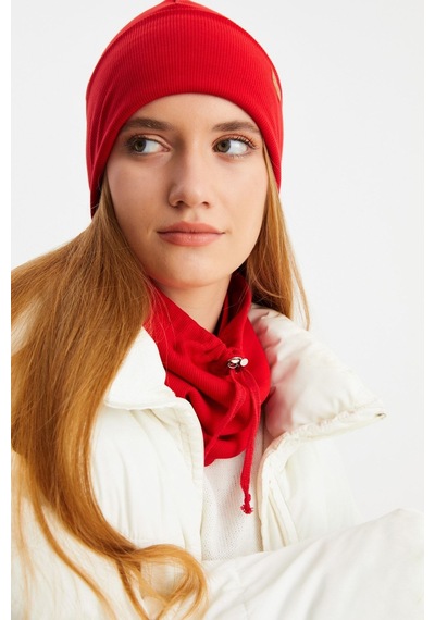Butikgiz Kadın Balıkçı Style Pamuklu Kaşkorse Terletmez Ultra Hafif Yumuşak Bere Boyunluk Takım Kırmızı