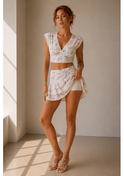 Alexandergardi Floral Dantel Detaylı Crop Top Ve Etek Ekru