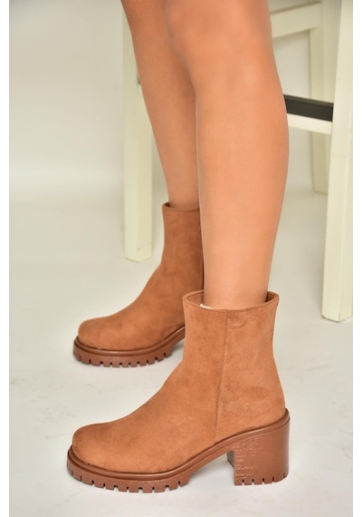 Fox Shoes T726911102 Taba Süet Kalın Topuklu Kadın Bot Taba