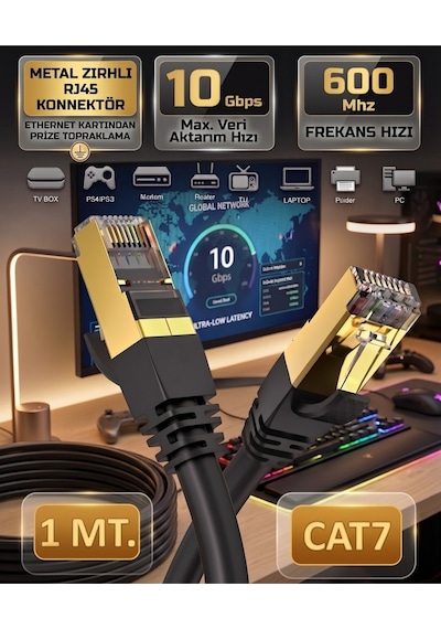 Cat7 Ethernet Kablosu 1 Metre 10 Gbps 600 Mhz Metal Zırhlı