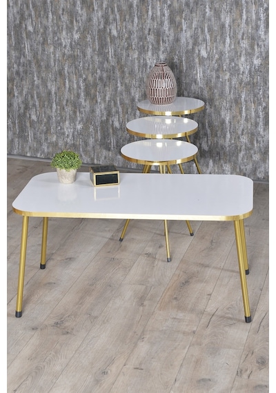 Zigon Sehpa Ve Orta Sehpa Kr Gold Metal Ayak Gold Beyaz Set