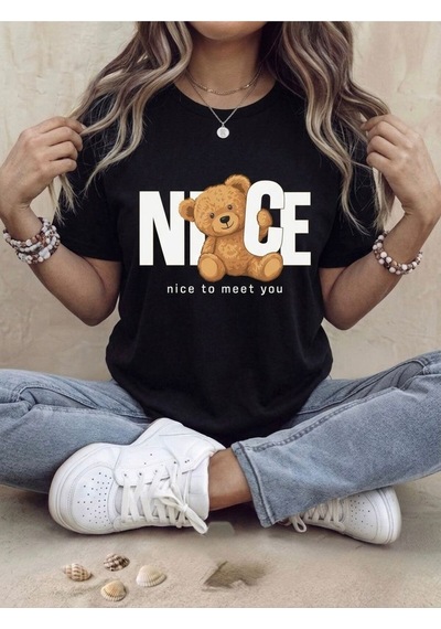 Ayıcık Figürlü Nice To Meet You Yazılı Oversize T-shirt Siyah