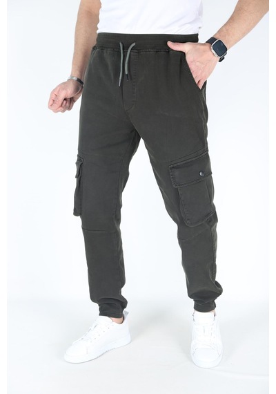 Blayn Jeans Erkek Açık Gri Kargo Cepli Paça Bel Lastikli Likralı Kargo Cep Pantolon Haki