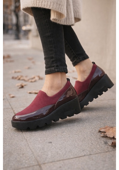 Bordo Kalın Taban Kadın Günlük Comfort Ayakkabı Kaymaz Taban Kırmızı