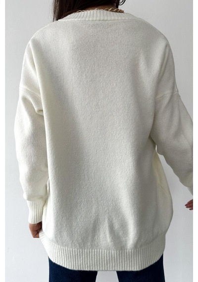Femelle Kadın V Yaka Standart Beden Oversize Basic Triko Kazak Beyaz