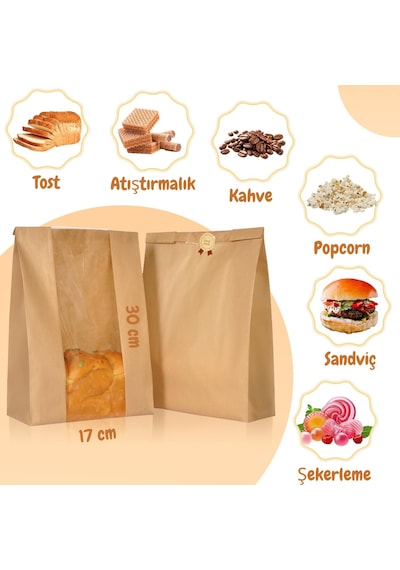 20 Adet 21x30 Pencereli Kraft Kese Kağıdı Gıdaya Uygun Poğaça Tost Sandviç Simit Kağıdı 18 X 29 Cm