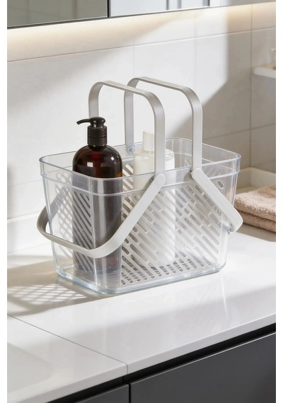 1'li Gri Çok Amaçlı Kulplu Sepet Mutfak Banyo Organizer Taşıma Sepeti