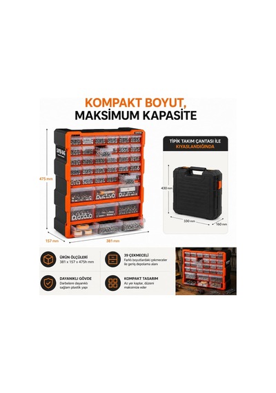 Süper Bag 39'lu Mono Blok Çekmece Seti Büyük Boy Hobby Organizer Seti Vida Dübel Kutusu Takı Kutusu Asr6001