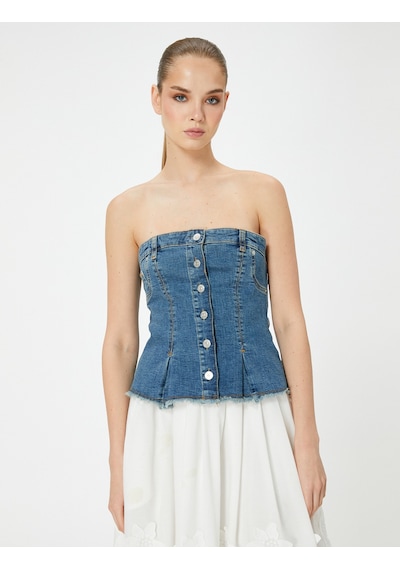 Koton Straplez Düğmeli Denim Üst Orta İndigo 4sal30049md İndigo