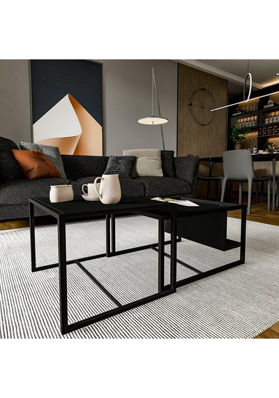 Batı 2 Li Modern Orta Sehpa Takımı Metal Ayaklı, Alt Raflı Düz Siyah