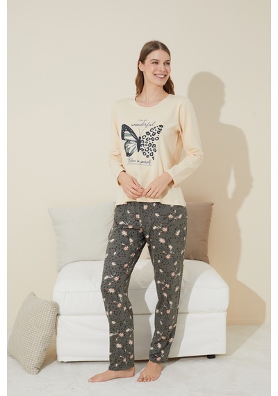 Siyah İnci Pamuklu Örme Pijama Takım 24240114 Krem