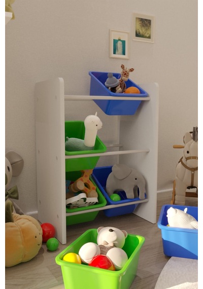 6 Sepetli Yeşil Ve Mavi Oyuncak Dolabı, Çok Amaçlı Dolap, Montessori Dolap Mavi-yeşil
