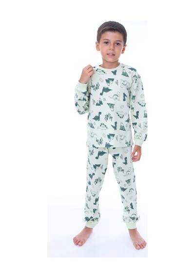 Isobel Kids Erkek Çocuk Dinazor Desenli Uzun Kollu Pijama Takımı-901 Yeşil