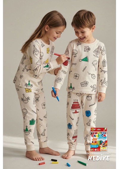 Zuzunga Boyanabilir Doğum Günü Temalı Çocuk Pijama Takımı Yıkanabilir 24-lü Kalem Hediyeli Ekru