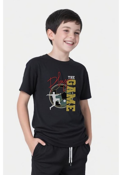 Panios Kids Play Game Baskılı Erkek Çocuk Kısa Kollu Yuvarlak Yaka T-shirt Siyah