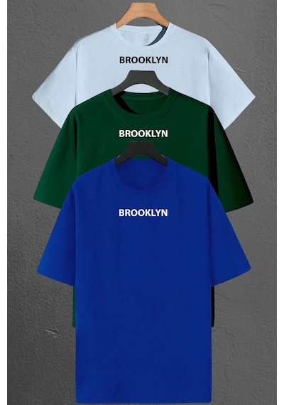 Brooklyn Baskılı Unisex Oversize 3'lü T-shirt Paketi Mavi