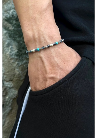 Erkek Lapis Ve Turkuaz Doğal Taş Detaylı Çelik Bileklik Ayarlanabilir 21 Cm Gümüş - Lacivert