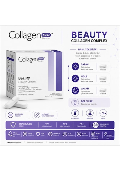 Collagen Forte Platinum Premium 3 Tip Kolajen Hyalüronik Asit 90 Tablet