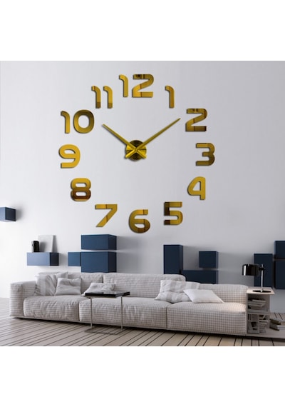 Modern Nesil Dıy 3D Dekoratif Büyük Boy Sticker Duvar Saati (399551680) Altın