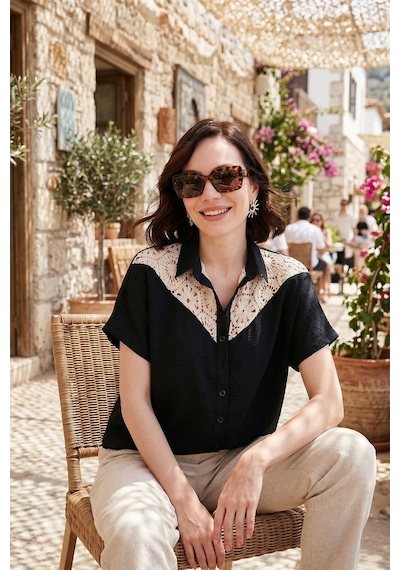 Lela Dantelli Relaxed Fit Kısa Kollu Bayan Gömlek 5865764 Siyah