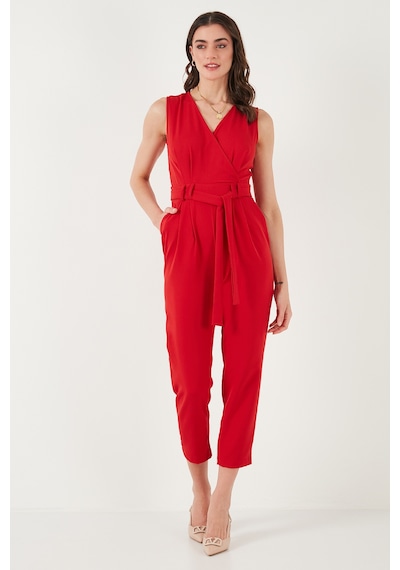 Lela Slim Fit Düz Paça Kruvaze Yaka Kemerli Bayan Tulum 6783626 Kırmızı