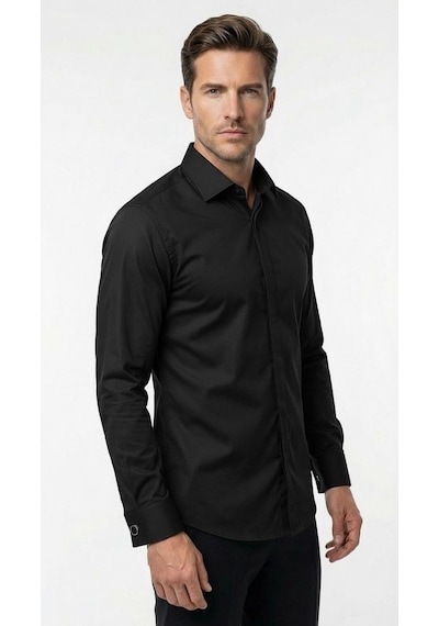 Erkek Klasik Gömlek Pamuklu Esnek Kumaş,slim Fit Uzun Kollu, Fransız Manşetli Plus Scorpion Siyah