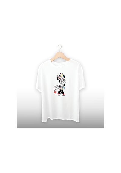 Renkli Micky Detaylı Unisex Tişört Beyaz