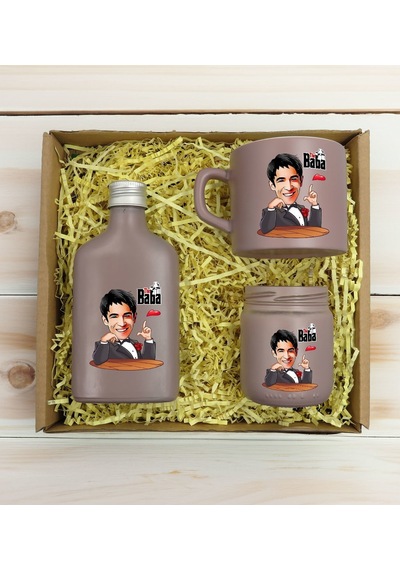 Bk Gift Kişiye Özel Dtf The Baba Karikatürlü Mat Gri Kahve Fincanı + Kolonya + Mum Seti 2