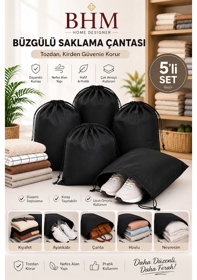 5'li Büzgülü Saklama Çantası 35x45 Cm Nefes Alan Ayakkabı Kılıfı Toz Koruyucu Organizer Siyah