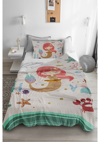 Deniz Kızı Desenli Tek Kişilik Pike ( Yastık Kılıflı )