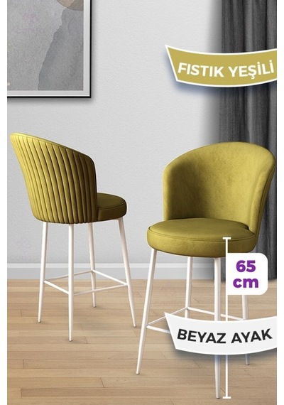 Canisa Alte Serisi 4 Fıstık Yeşili Sandalye 65 Cm Ada Mutfak Bar Sandalyesi Babyface Kumaş Beyaz Metal Ayak Masa Beyaz Sandalye Fıstık Yeşili Ayaklar Beyaz